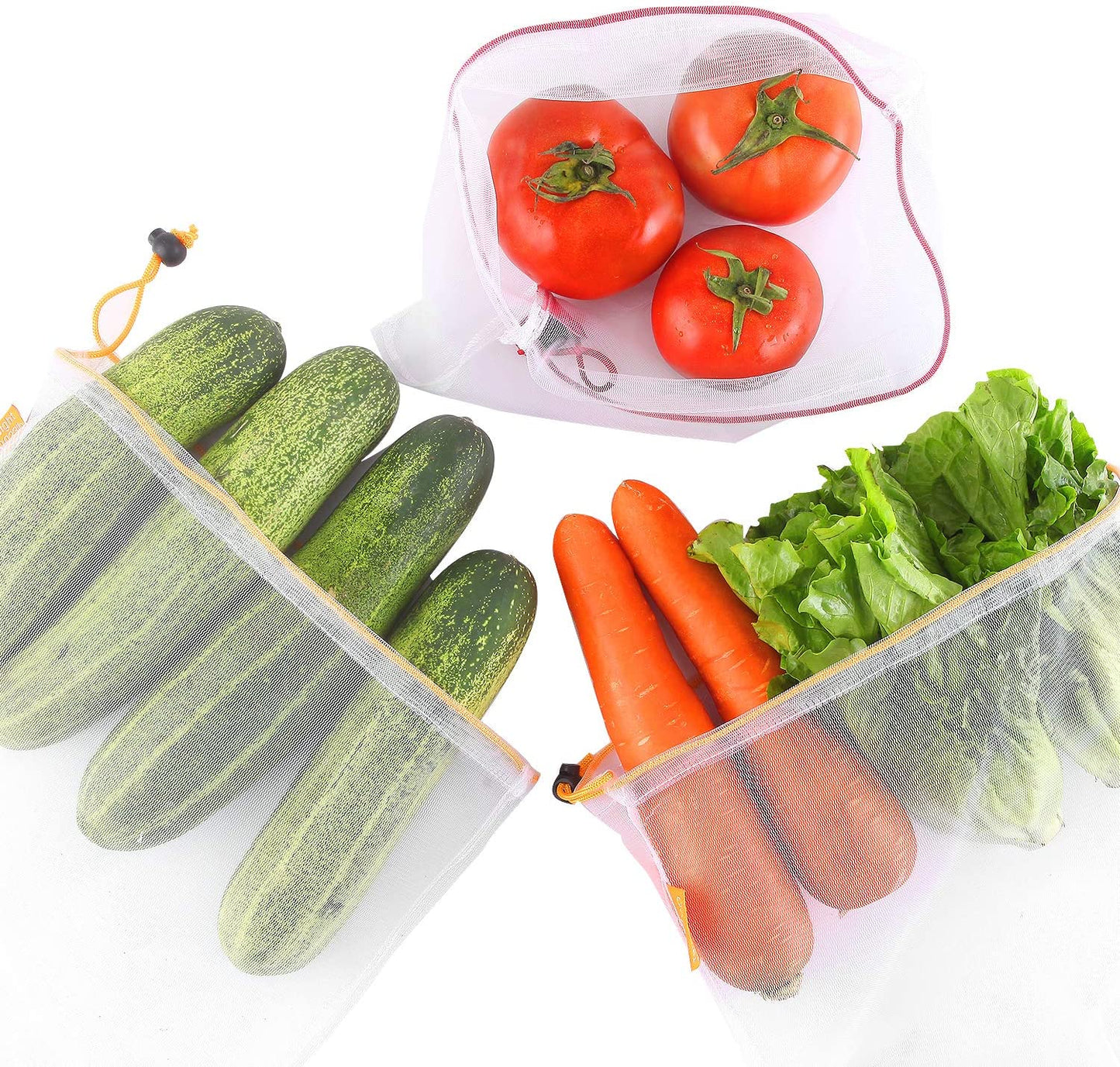 Reusable Produce Bags Set of 15 Mesh Produce Bags 3 Size Washable and See-Through Grocery Bags, with Colorful Tare Weight Tags,5 Small 5 Medium & 5 Large