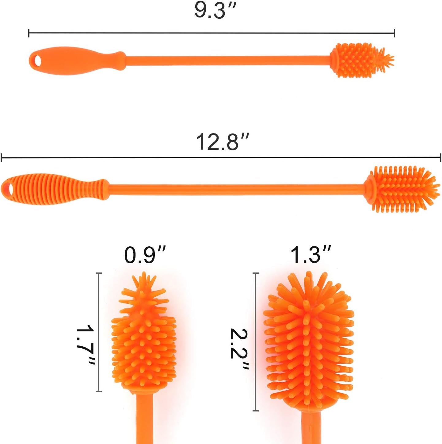 Silicone Bottle Cleaning Brush with Long Handle,12.5" Water Bottle Cleaner for Baby Bottles, Hydro Flask, Sports Bottle, Vase, Glassware, Perfect for Smaller Diameter (2 Pack,Orange)