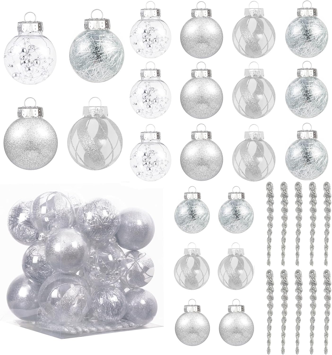 32Ct Christmas Ball Ornaments Set -Silver Clear Plastic Shatterproof Xmas Tree Ball Decorations Hanging Baubles for Holiday Decor