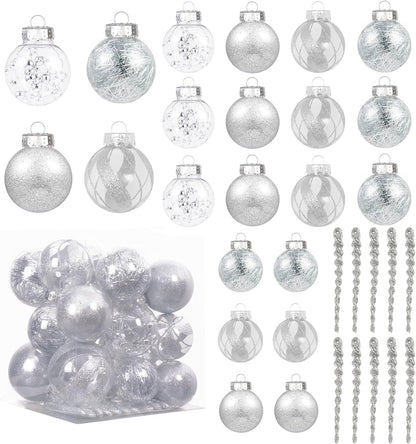 32Ct Christmas Ball Ornaments Set -Silver Clear Plastic Shatterproof Xmas Tree Ball Decorations Hanging Baubles for Holiday Decor