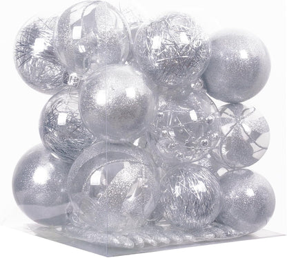 32Ct Christmas Ball Ornaments Set -Silver Clear Plastic Shatterproof Xmas Tree Ball Decorations Hanging Baubles for Holiday Decor