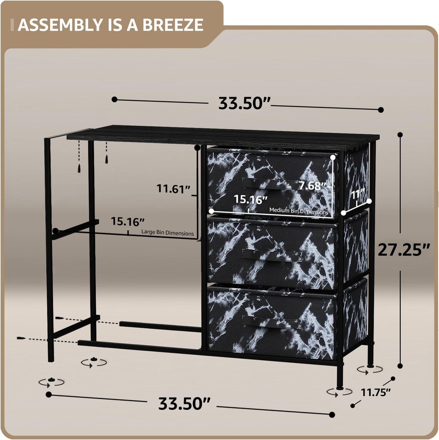 Dresser with 5 Drawers - Chest Organizer Unit with Steel Frame Wood Top & Handle Easy Pull Fabric Bins for Clothes - Storage Furniture for Bedroom, Hallway, Living Room, Nursery & Closet