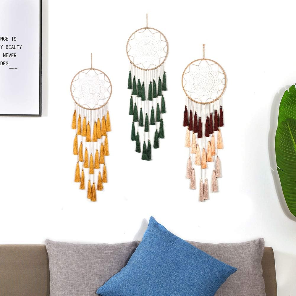 Macrame Dream Catchers for Bedroom - Tassel Wall Hanging Handmade Dreamcatchers Home Decor with Tassel Feather Ornament Craft Blessing Gift (Mix Brown)