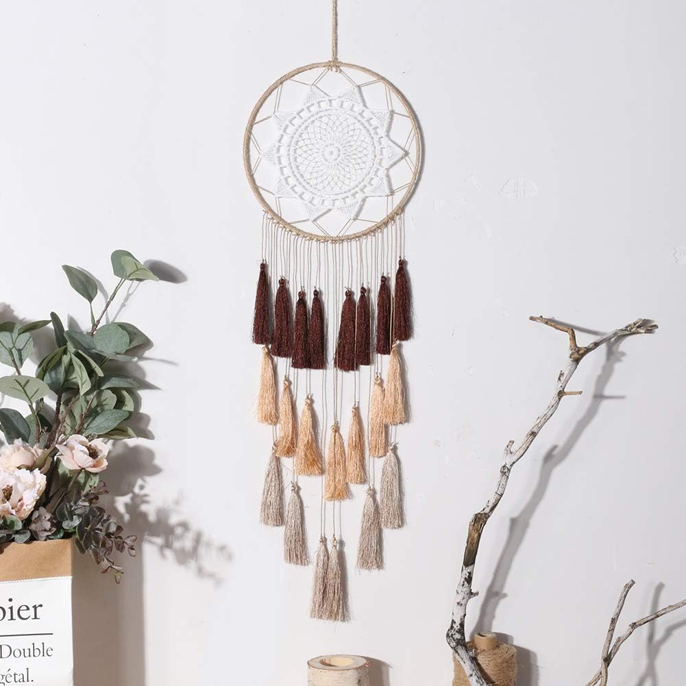 Macrame Dream Catchers for Bedroom - Tassel Wall Hanging Handmade Dreamcatchers Home Decor with Tassel Feather Ornament Craft Blessing Gift (Mix Brown)