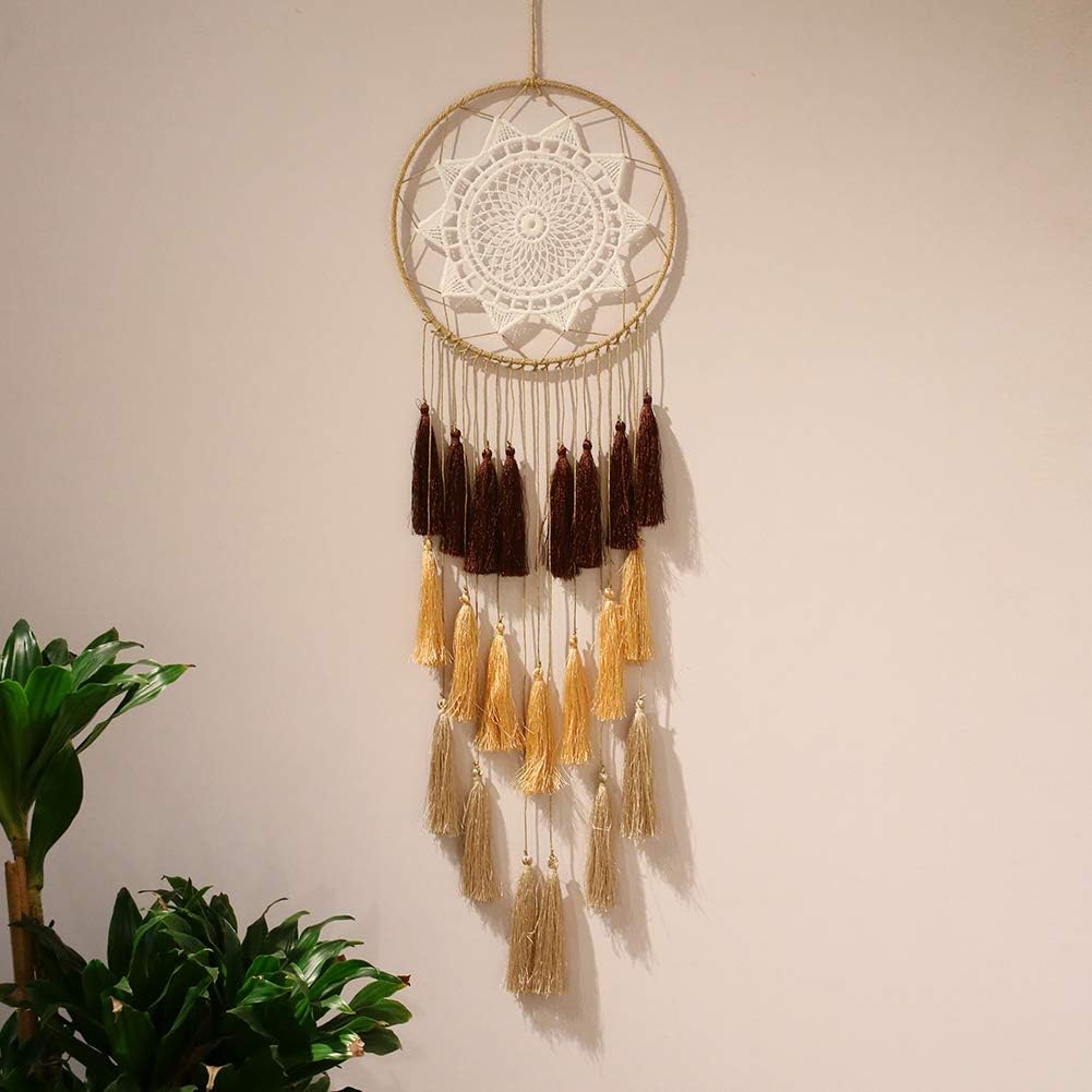 Macrame Dream Catchers for Bedroom - Tassel Wall Hanging Handmade Dreamcatchers Home Decor with Tassel Feather Ornament Craft Blessing Gift (Mix Brown)