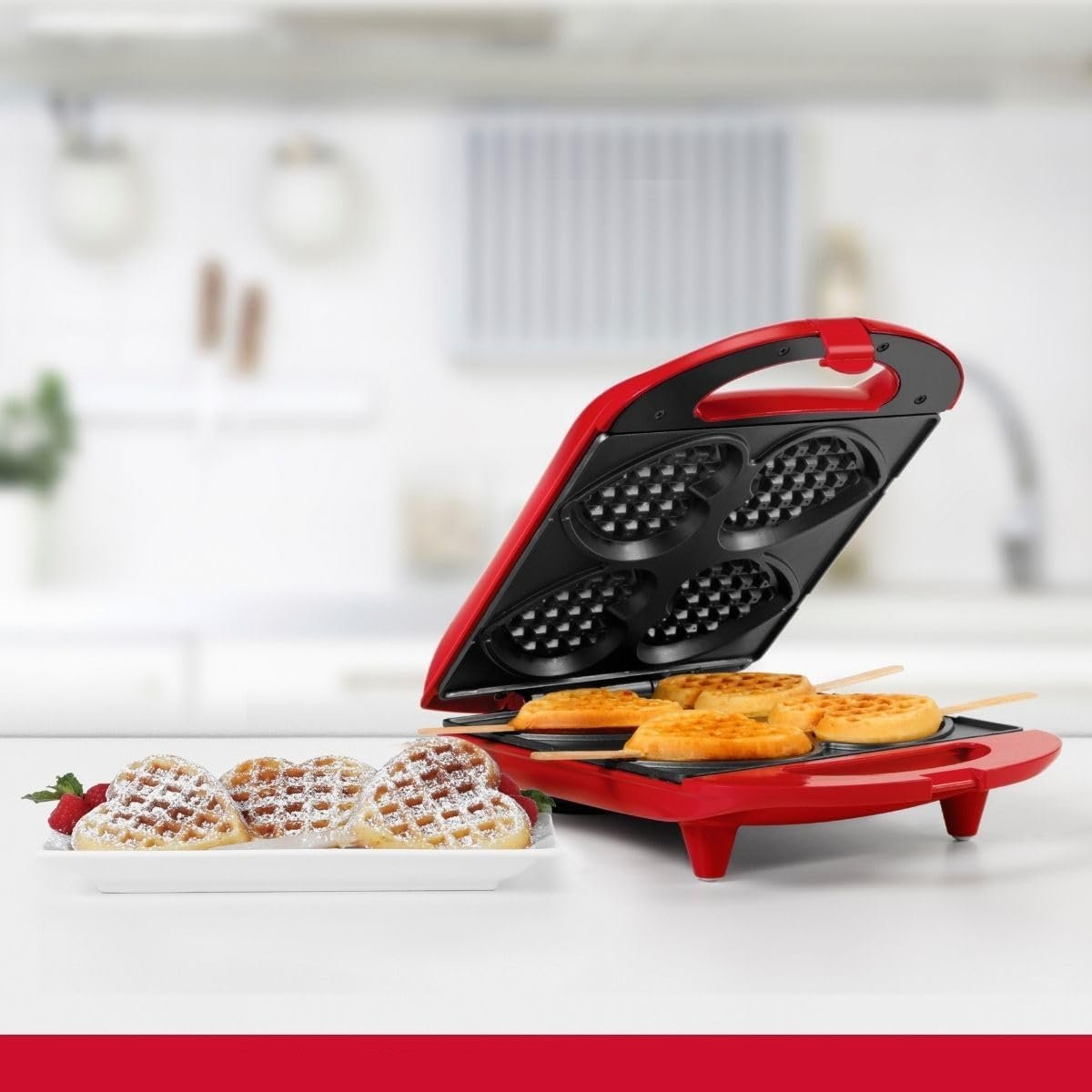 - Non-Stick Heart Waffle Maker, Red - Makes 4 Heart-Shaped Waffles in Minutes