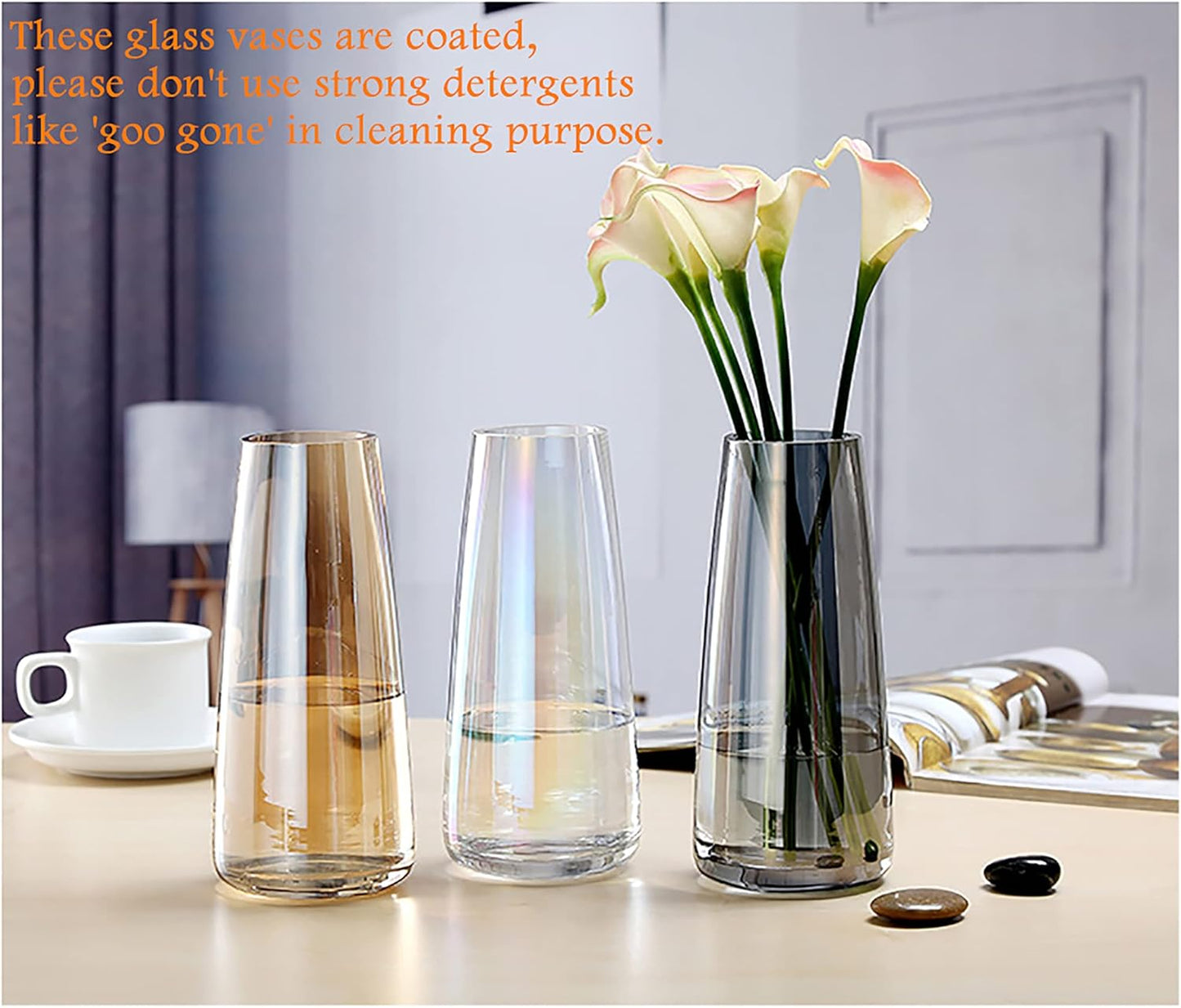 Modern Glass Vase Irised Crystal Clear Glass Vase for Home Office Decor (Crystal Amber)