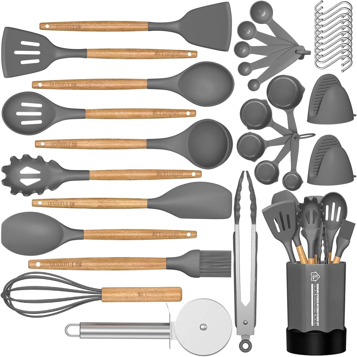 Silicone Cooking Utensil Set, 35 Pcs Kitchen Utensils by , Non-Stick Heat Resistant Kitchen Gadgets Cookware with Natural Wooden Handle -(Gray)