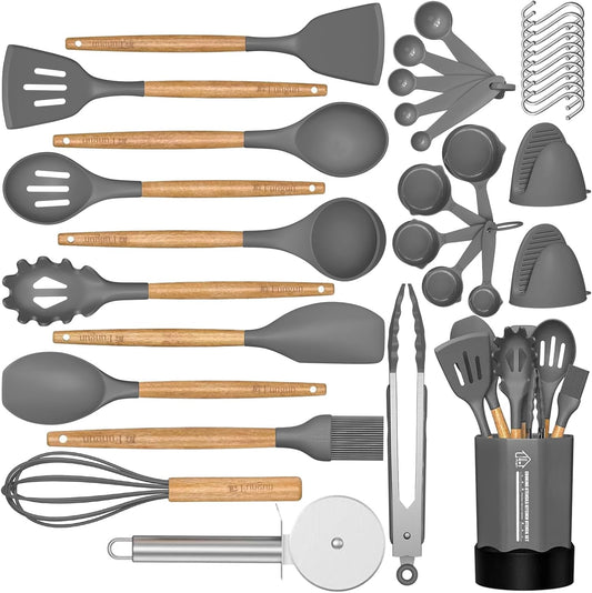 Silicone Cooking Utensil Set, 35 Pcs Kitchen Utensils by , Non-Stick Heat Resistant Kitchen Gadgets Cookware with Natural Wooden Handle -(Gray)