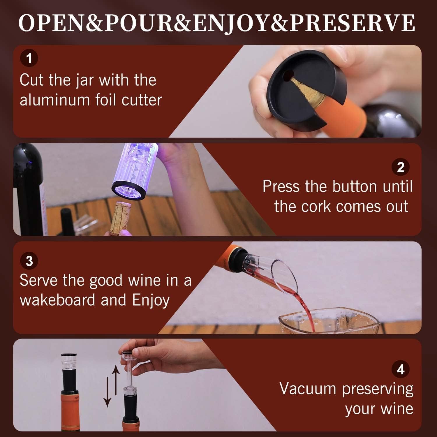 Electric Wine Opener Rechargeable, Automatic Wine Bottle Opener 4-In-1 Set Gift, Upgraded Electric Wine Corkscrew with Foil Cutter, Vacuum Stopper and Wine Pourer (Stainless Steel)