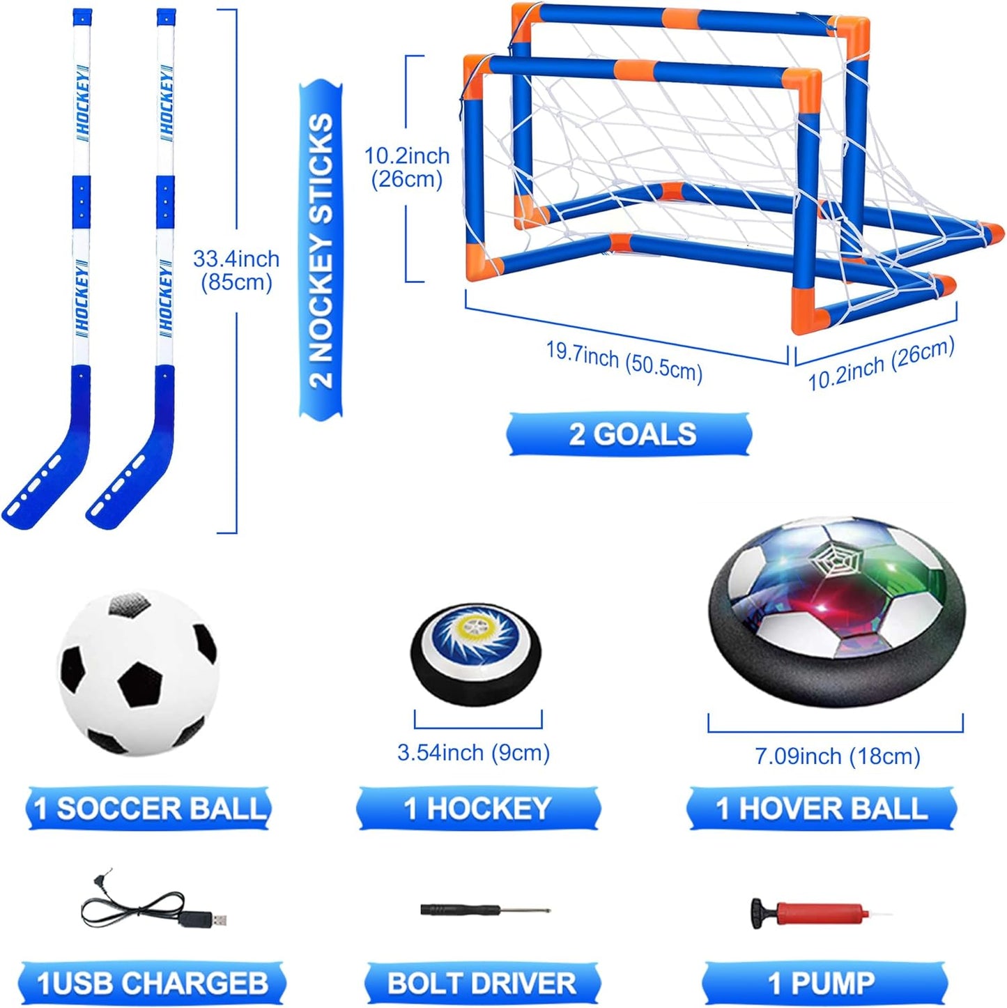 Hover Soccer Ball, 3-In-1 Indoor and Outdoor Soccer Ball, Hover Hockey Set for Kids Ages 3 4 5 6 7 8-12, Rechargeable LED Birthday Gift Soccer Games Toys for Boys