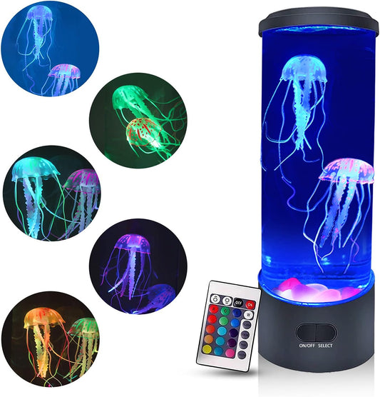 Jellyfish Lava Lamp, Jellyfish Lamp with 16 Color Changing Light, Jellyfish Tank Table Lamp, Jellyfish Aquarium Night Light, Home Office Room Desk Decor Lamp Mood Light for Relax with 8 Luminous Stone