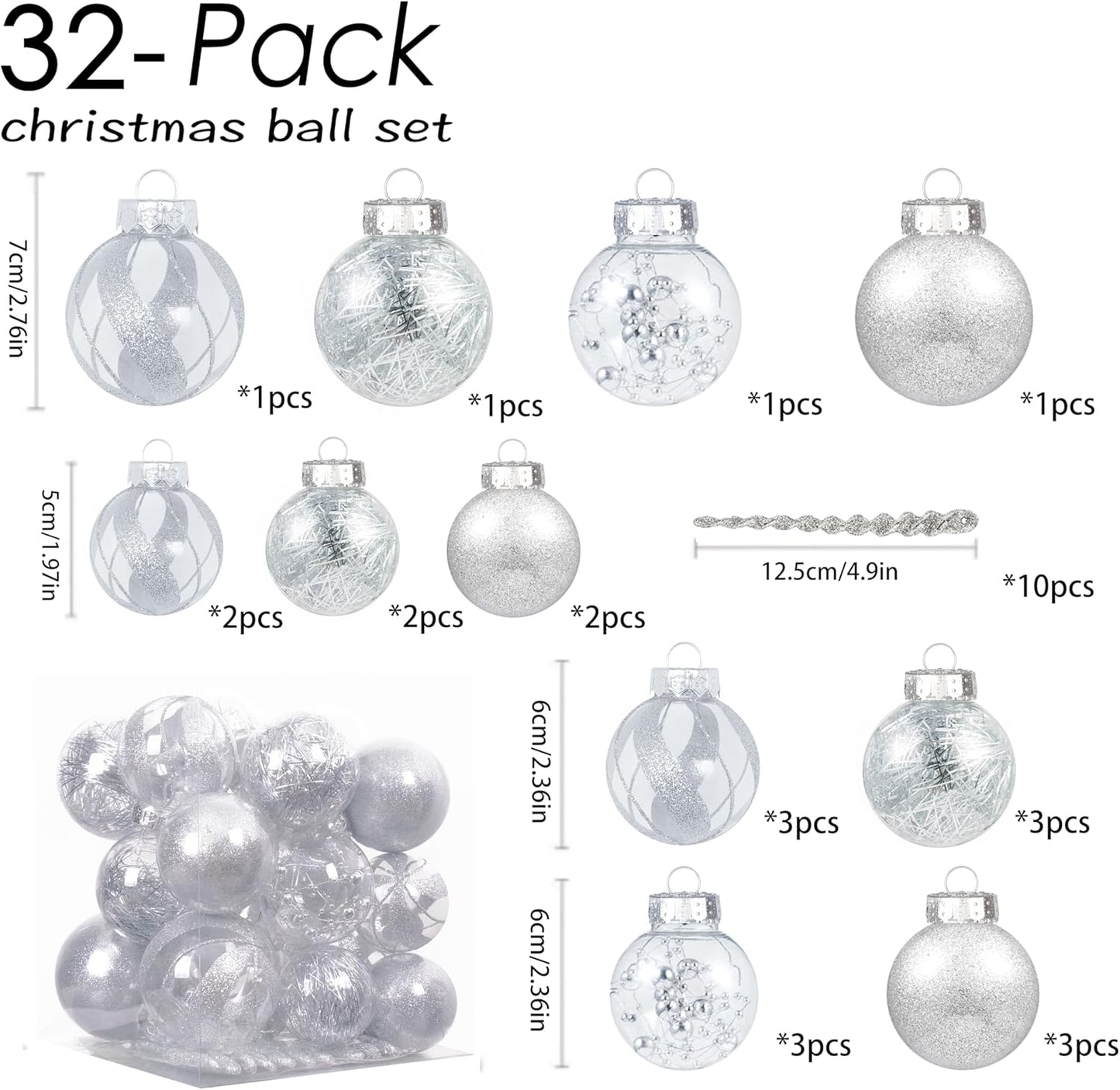 32Ct Christmas Ball Ornaments Set -Silver Clear Plastic Shatterproof Xmas Tree Ball Decorations Hanging Baubles for Holiday Decor