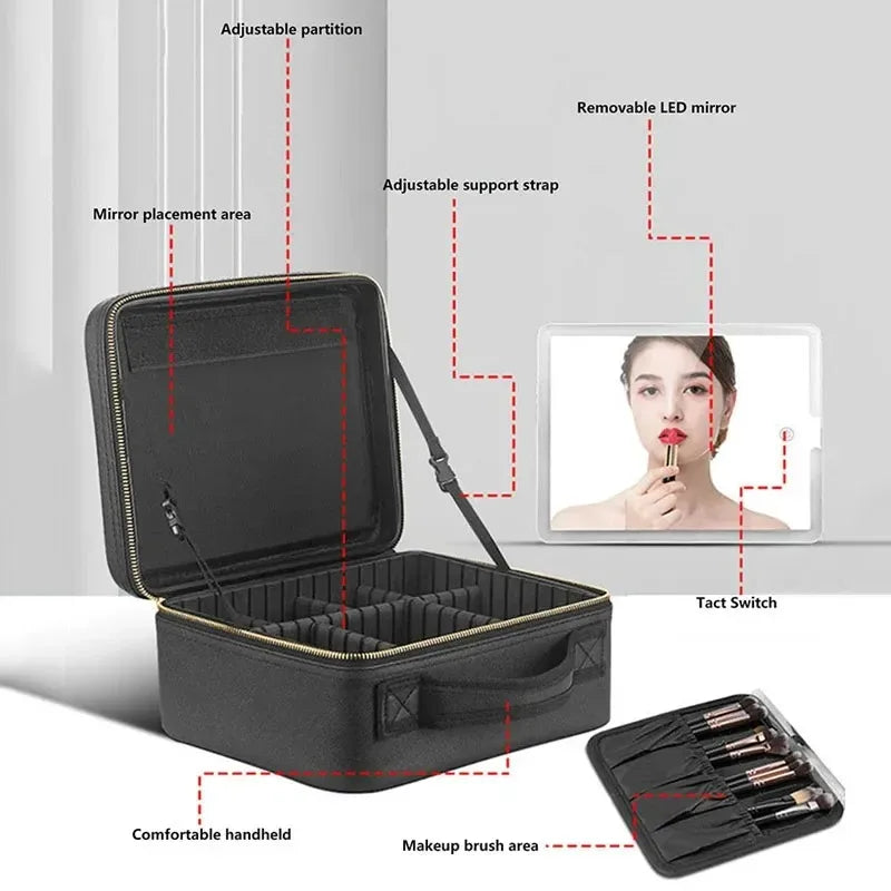 Smart LED Cosmetic Case with Mirror Travel Makeup Bag Large Capacity Female Beautician Skincare Product Makeup Case for Women