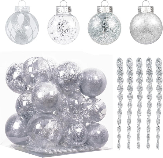 32Ct Christmas Ball Ornaments Set -Silver Clear Plastic Shatterproof Xmas Tree Ball Decorations Hanging Baubles for Holiday Decor