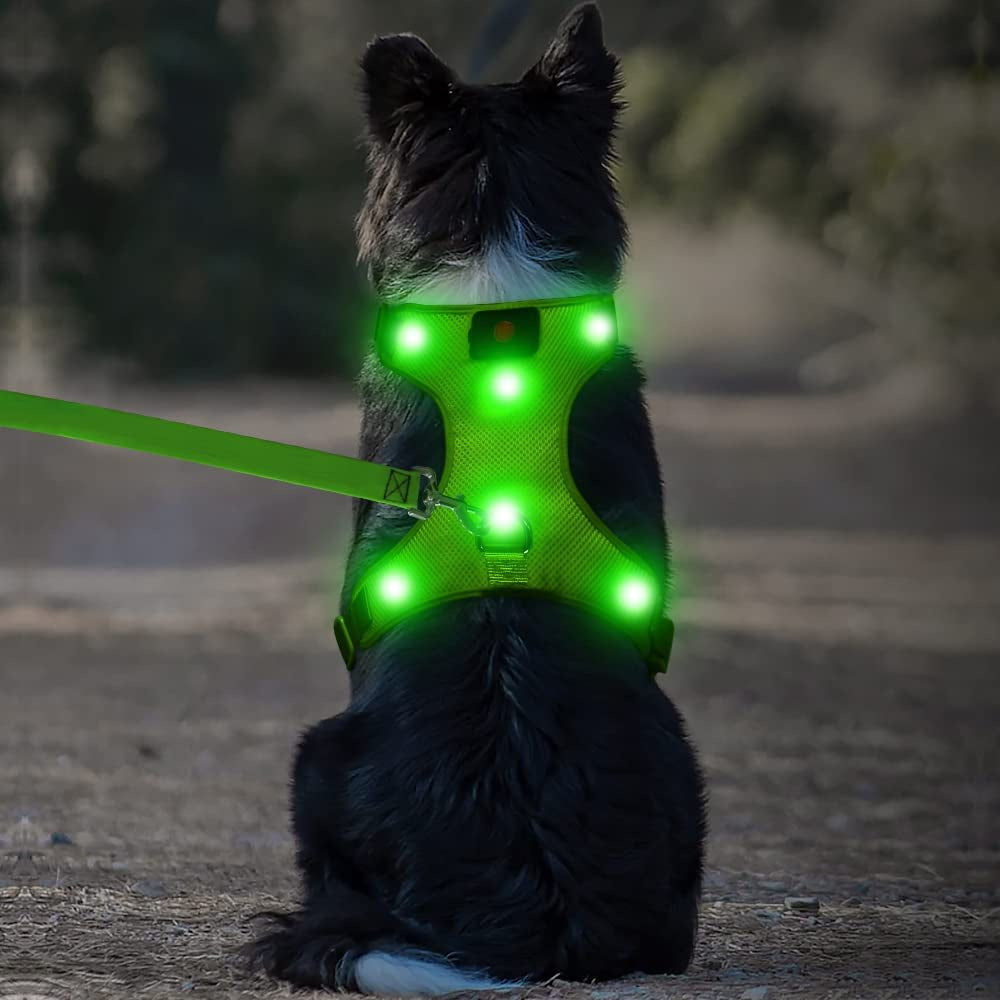 LED Dog Harness, Lighted up USB Rechargeable Pet Harness, Illuminated Reflective Glowing Dog Vest Adjustable Soft Padded No-Pull Suit for Small Medium Large Dogs (Green, S)